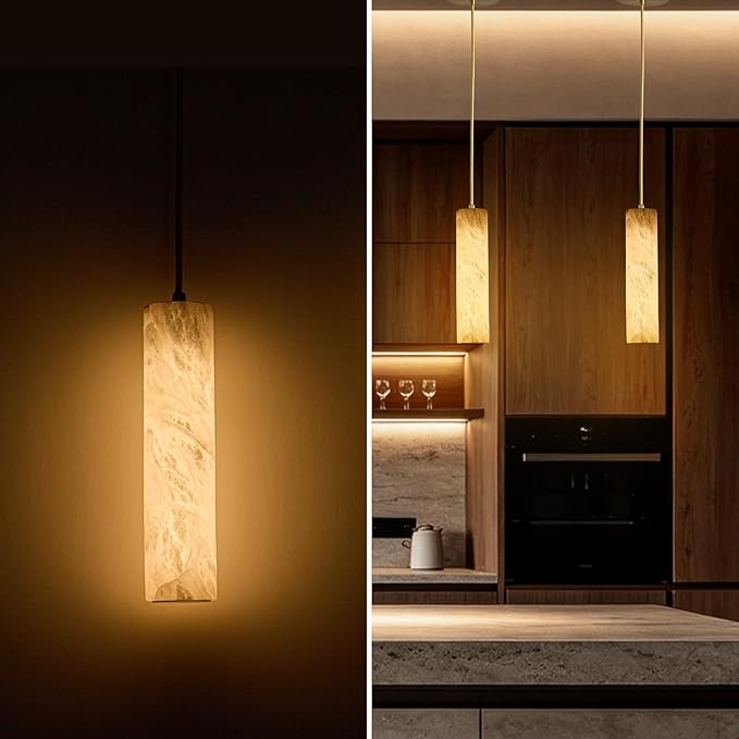 Natural Alabaster Pendant Light Fixture, Modern Marble Kitchen Island Lamp, Long Tube Alabaster Chandelier with LED Light Strip, Small Pendant Light for Kitchen, Dining Room, Living Room (1 Pack)