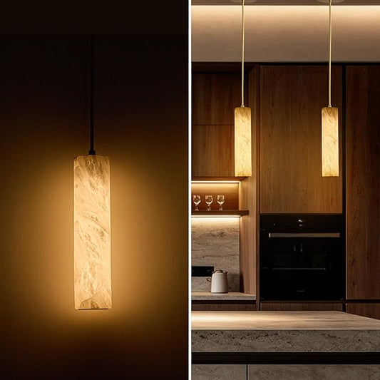 Natural Alabaster Pendant Light Fixture, Modern Marble Kitchen Island Lamp, Long Tube Alabaster Chandelier with LED Light Strip, Small Pendant Light for Kitchen, Dining Room, Living Room (1 Pack)