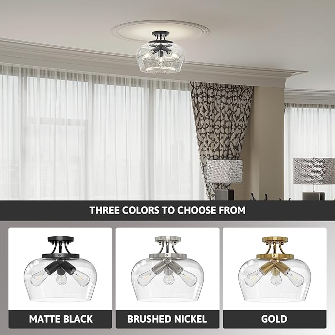 VONLUCE Semi Flush Mount Ceiling Light, 13.8" Ceiling Light Fixture with Clear Glass Shade, E26 Base, 3-Bulb Industrial Lighting Fixture for Hallway Entryway Bedroom, Matte Black, ETL Certificated