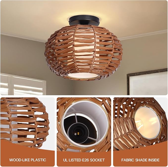 Boho Semi Flush Mount Ceiling Light, Rattan Style Hand Woven Shade, Farmhouse Ceiling Fixture for Bedroom, Kitchen, Hallway, Entryway