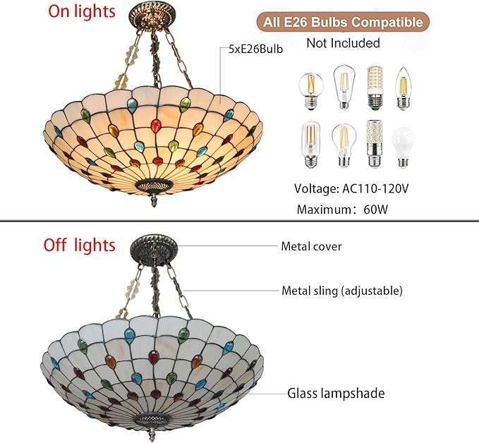 TFCFL 20.5Inch Tiffany Ceiling Light Fixtures Semi Flush Mount Stained Glass Peacock Green Inverted Tiffany Pendant Light for Kitchen Living Room Bedroom Dinning Room