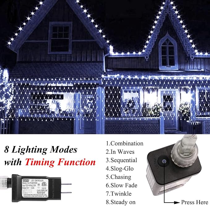 LED Net Lights Mesh Lights, 240LED Timer Tree Warp Fairy Lights Outdoor Hanging String Light for Christmas, Halloween, Garden, Walkway, Bushes Decor-9.8ft x 6.6ft(White)