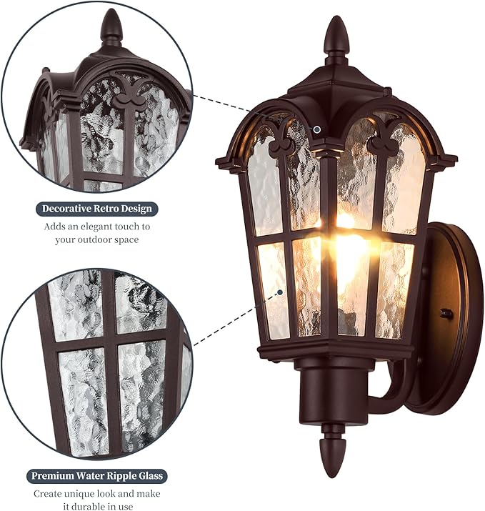 Sucolite Outdoor Wall Light Fixtures, Brown Exterior Waterproof Porch Lights Wall Lanterns, Vintage Outside Wall Sconces with Water Ripple Glass for House Front Door Garage, 2 Pack
