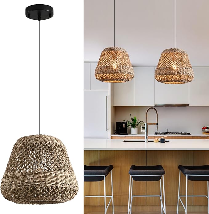 13.8" Rattan Pendant Light,Boho Hand Woven Wicker Hanging Light Seagrass Rattan Chandelier for Dining Living Bedroom Farmhouse Kitchen