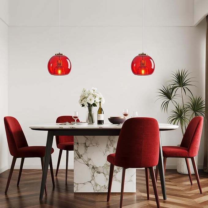 Red Glass Pendant Lights Kitchen Island Gold Hanging Light Fixture Glass Globe Pendant Light Modern Pendant Lighting for Kitchen Island Bedroom Dining Room (7.87", 2 Pack)