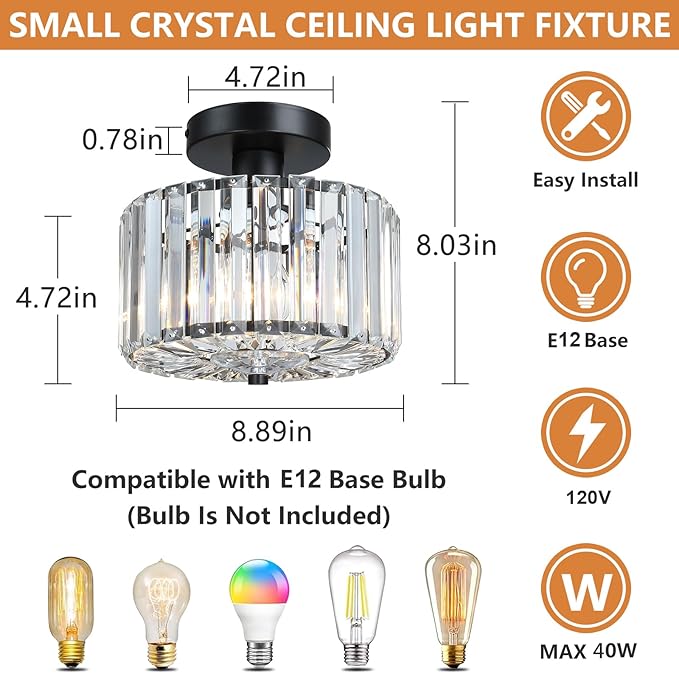 Crystal Ceiling Light, Modern Mini Flush Mount Crystal Chandelier, 8.89 Inch Black Light Fixture, Round Hallway Lighting Fixtures for Kitchen Entryway Laundry Room, 1-Light