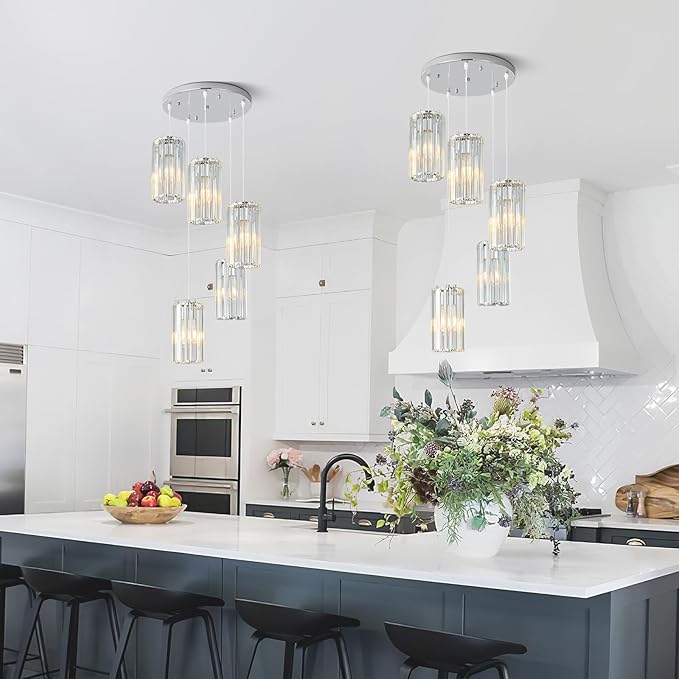 Chrome Pendant Lighting Modern Pendant Light, Mini Crystal Chandeliers,Adjustable Pendant Light Fixture for Kitchen Island Dinning Room Corridor Bedroom(Chrome 5-Light)