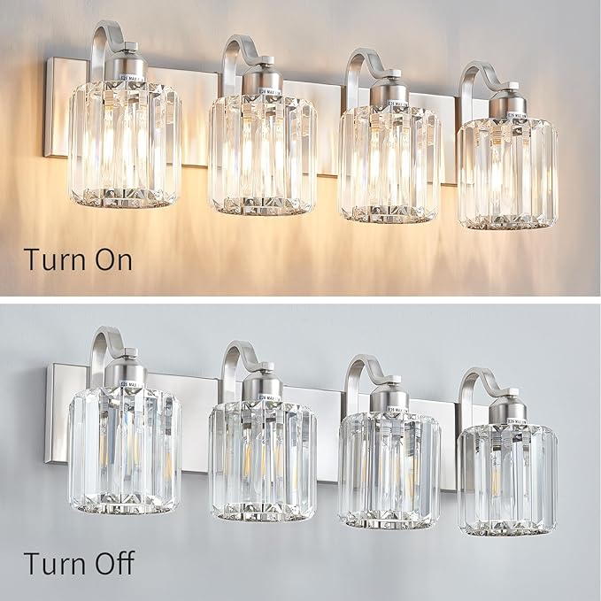 4 Lights Brushed Nickel Vanity Light Crystal Wall Light Bathroom Light Fixtures with Round Shade (Exclude Bulb)