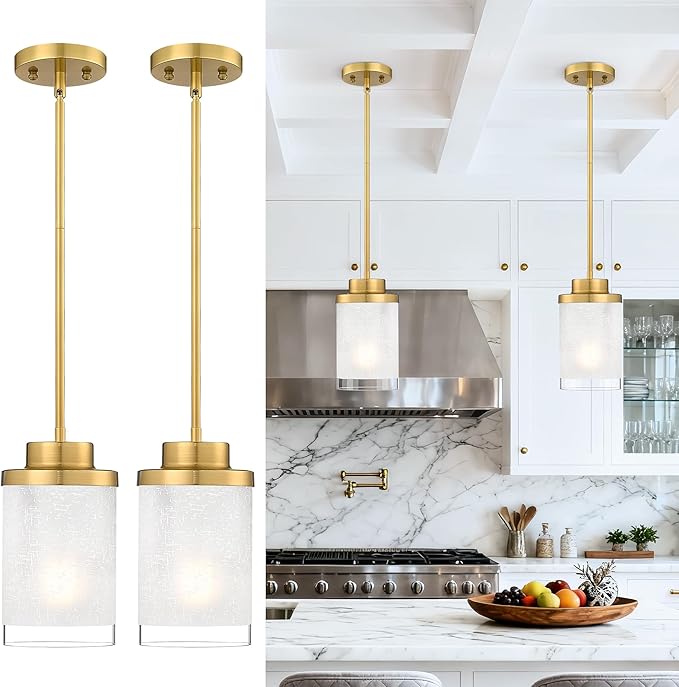 TENGXIN Modern Pendant Light for Kitchen Island, 6 Inch Brushed Gold Hanging Ceiling Light Fixture,Farmhouse Pendant Lighting for Dining Room Bedroom Bar Office 2Pack,TXPLBG01-2PK-L