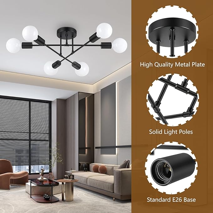 Ceiling Light Fixture, 6-Light Ceiling Light Chandelier, Modern Dinning Room Light Fixture, Sputnik Light Fixtures Ceiling Mount, Semi Flush Mount Light Fixture For Living Room,Bedroom,Hallway,Kitchen