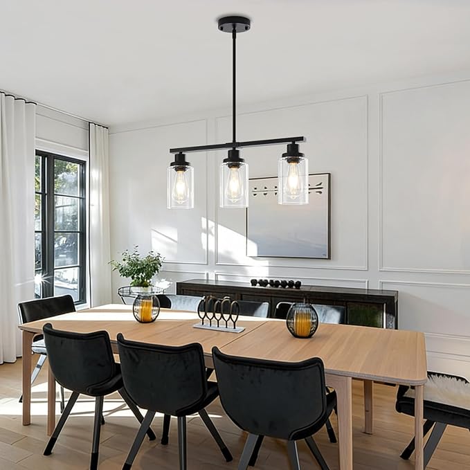 Modern Island Lights for Kitchen Black Dining Room Light Fixtures Over Table 3-Light Farmhouse Linear Chandelier Clear Glass Kitchen Lights Ceiling Adjustable Hanging Pendant Lighting Over Island