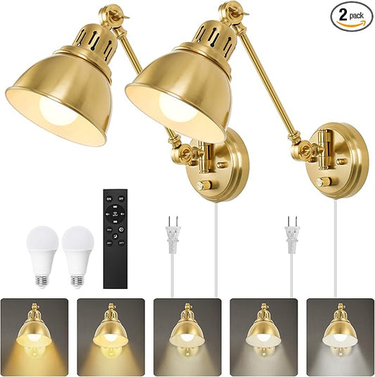 GOODATE Plug in Wall Sconces Set of Two with Remote, Stepless Colors 2700K-6500K & Stepless Dimming, Premium Golden Finish, Plug in Wall Light with Night Light & Timer, LED Bulbs Included