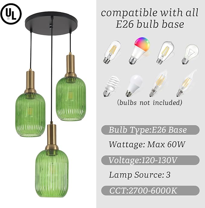 FRIXCHUR 3-Light Pendant, Mid Century Style Glass Shades with E26 Sockets, Adjustable Retro Pendant Light with Gold Accents, Ideal for Kitchen Islands and Living Rooms (Emerald)
