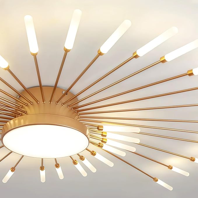 Modern Ceiling Light LED Flush Mount Ceiling Light for Living Room,Kitchen,Dining Room,Bedroom Fireworks Design Dimmable with Remote Control & Memory Function Lighting Fixture (Gold,28 Light)