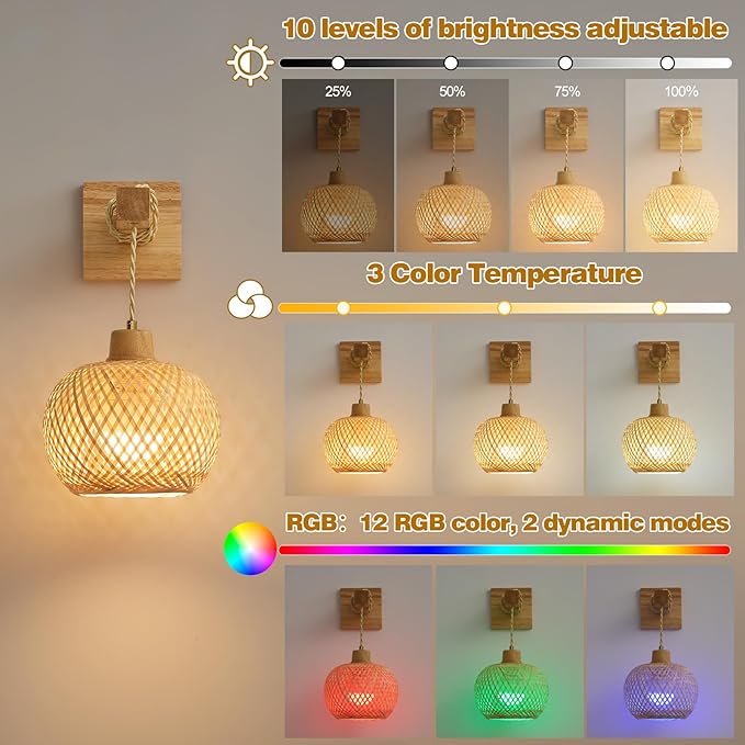 Vitnucrol Bamboo Battery Operated Wall Sconces Set of 2, Rechargeable Rattan Cordless Battery Powered Wall Lights/Lamps with Remote, Woven Boho Wireless Decor Lighting Fixture for Living Room Bedroom