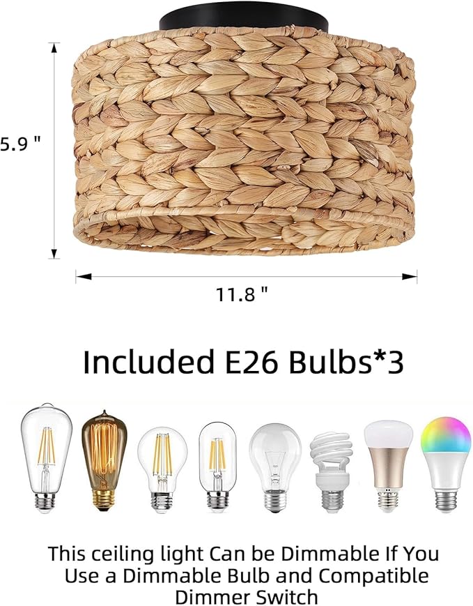 Boho Light Fixture Handwoven Rattan Semi-Flush Ceiling Light - 11.8ft Cord, 1-Light Eco-Friendly Bohemian Style for Bedroom/Kitchen/Farmhouse | Low-Carbon Rattan Woven Lighting