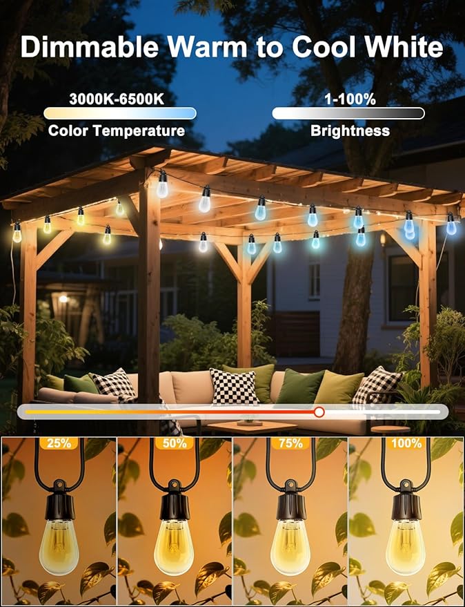 100ft String Lights for Outside, Smart RGB IC Warm White Patio Lights Outdoor Waterproof with Remote & App Control, Compatible with Alexa Great for Porch, Yard, Pergola
