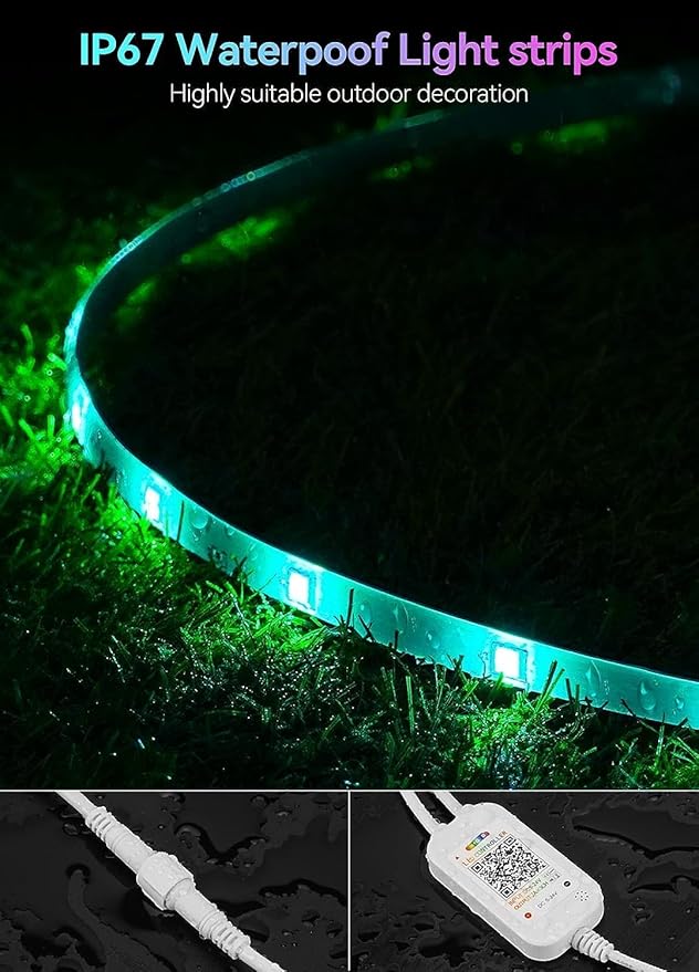 105FT Continuous RGB+IC Outdoor Led Strip Lights Waterproof with RF Remote & Bluetooth Music Sync App Control, Long Color Changing LED Rope Lights,IP67,24V