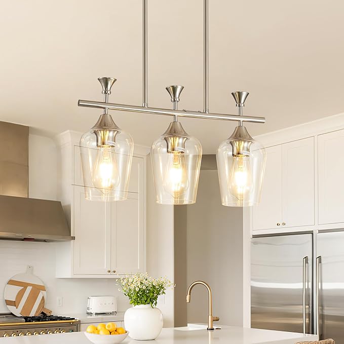 21.2" Dining Room Light Fixture/Chandelier Over Table, 3-Light Brushed Nickel Kitchen Island Lighting with Clear Glass Shade, Modern Hanging Pendant Lights Fixture for Kitchen Island, Dining Room, Bar
