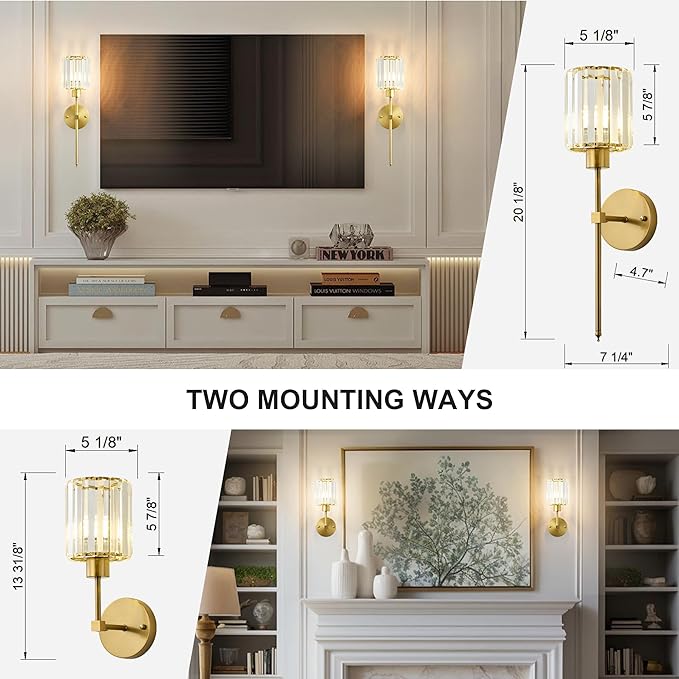 KARTOOSH Hardwired Crystal Wall Sconces Set of Two - Dimmable Wall Light Fixtures 3000K, Warm White, for Hallway, Bathroom, Living Room, Bedroom, Brass, 20.1 Inch