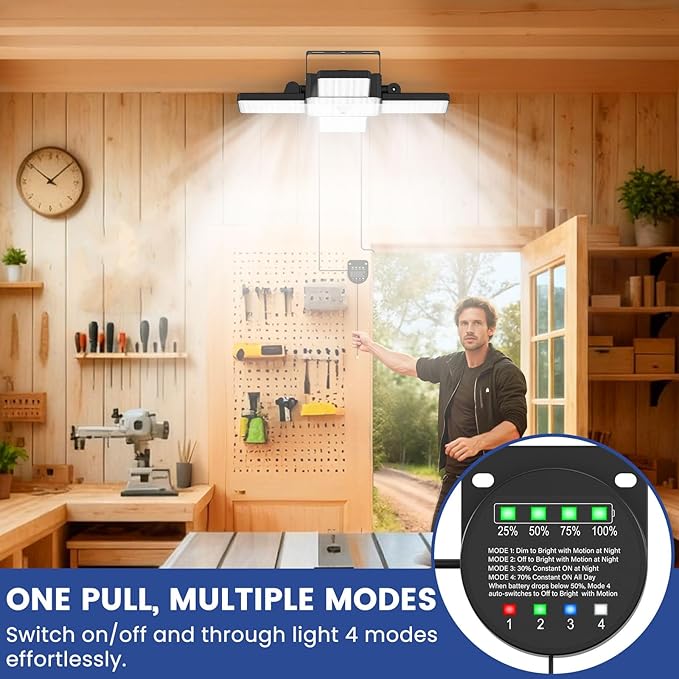 Solar Shed Light Indoor Outdoor, 2000LM 268LED Solar Pendant Light with Motion Sensor, Pull Cord Controller with Mode & Battery Display, Day/Night Use, 4 Modes, IP65 Waterproof for Garage Barn Gazebo