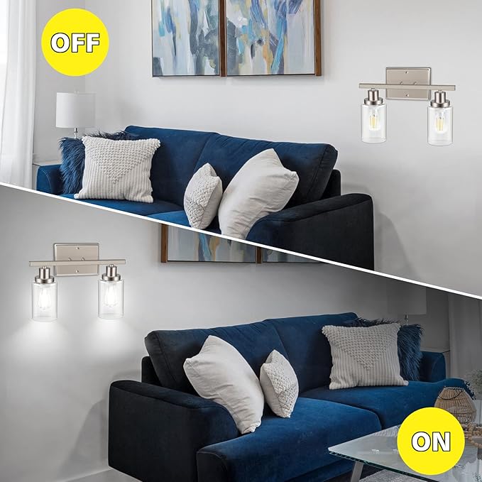 Ascher 2-Light Wall Sconces, Modern Vanity Light Fixture with Clear Glass Shade, Brushed Nickel Wall Light for Mirror Bedroom Hallway, E26 Base (Bulbs Not Included)