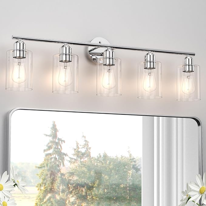Espird Bathroom Vanity Light Fixtures Polished Chrome Bathroom Lighting Fixture, 5 Lights Bathroom Light Fixture Over Mirror, Modern Black Vanity Light, Wall Sconces with Glass Shades