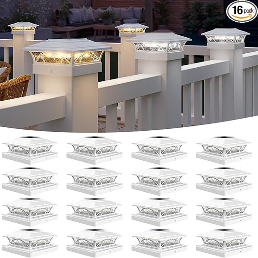 APONUO Solar Post Cap Lights 16 Pack - 4x4 5x5 6x6 Fence Post Lights, Auto On/Off, Waterproof IP64, 2-Mode (Warm/Cool White), Deck Patio Yard Solar Light for Wood & Vinyl Posts, White