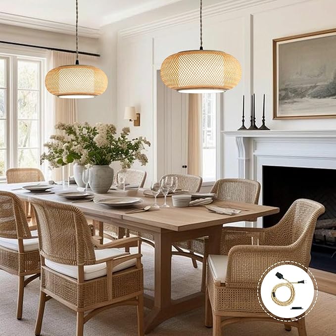 Plug-in Pendant Light,dining room light，Rattan Boho Style Lamp, 16.7ft Plug-in Wire with a Switch. bamboo Japanese Wabi-Sabi Style Lighting, Dining Rooms, Bedrooms, Kitchen island. (50cm plug in)