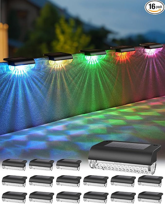 Herzila 16 Pack Solar Deck Step Lights Outdoor,Color Changing Solar Fence Lights Led Auto Dusk-to-Dawn, Waterproof Color Changing for Step, Fence, Railing Patio, Balcony