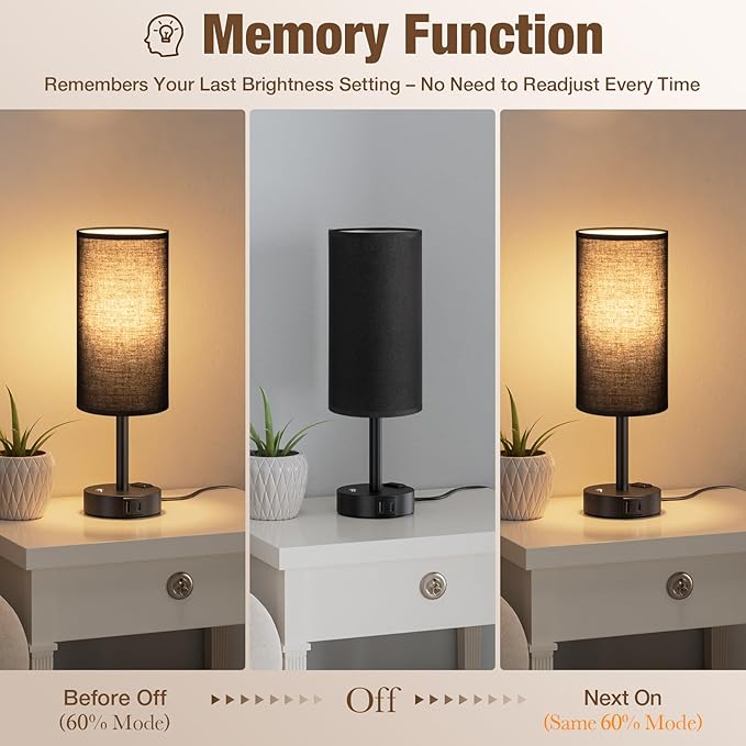 Touch Bedside Table Lamp with Memory - Stepless Dimmable Lamp for Bedroom, Small Nightstand Lamp with Dual USB Charging Ports and AC Outlet, Wood Night Light, Deak Lamp for Nursery, (Black & Black)