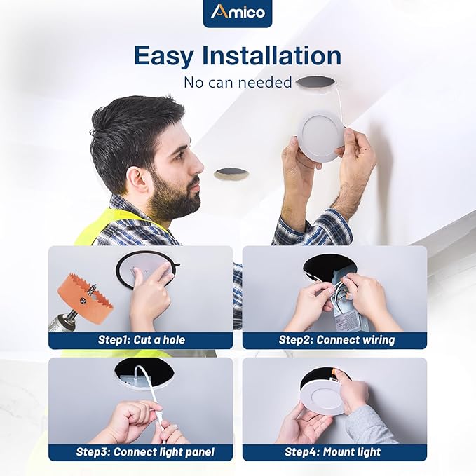 Amico 12 Pack 5 Inch 5CCT Ultra-Thin LED Recessed Can/Ceiling Light with Junction Box, 900LM High Brightness, Dimmable Wafer Downlight, 11W, ETL&FCC