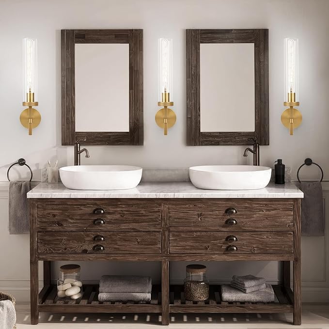 Brass Wall Sconces Set of Two with White Lights, 19.5'' Brushed Brass Knurled Bathroom Sconces Wall Lighting Vanity Light with Clear Glass for Living Room Mirror Bedroom Stairs