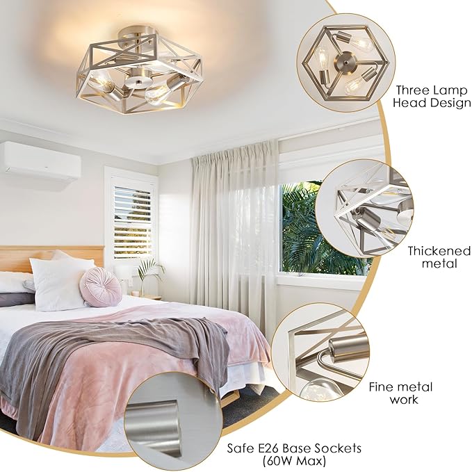 2 Pack Close to Ceiling Light Fixtures, 3-Lights Cage Flush Mount Ceiling Light, 14.5 Inch Brushed Nickel Semi Flush Mount Ceiling Light for House Bedroom Laundry Hallway Kitchen