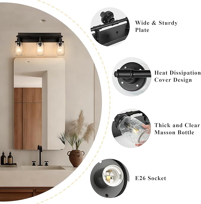 3-Light Bathroom Vanity Light, Black Bathroom Light Fixtures over Mirror, Vintage Wall Sconces with Clear Glass Shade, Industrial Farmhouse Mason Jar Wall Lamp for Bedroom Hallway Living Room