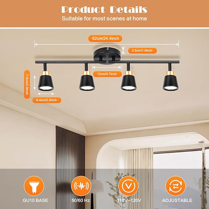 GORDNWE Track Lighting Fixtures Ceiling: LED Spot Lights Indoor 4 GU10 Flexible Heads Black Vintage Adjustable Compatible with Dimmable Bulbs Overhead Directional Lights Foldable for Kitchen Hallway