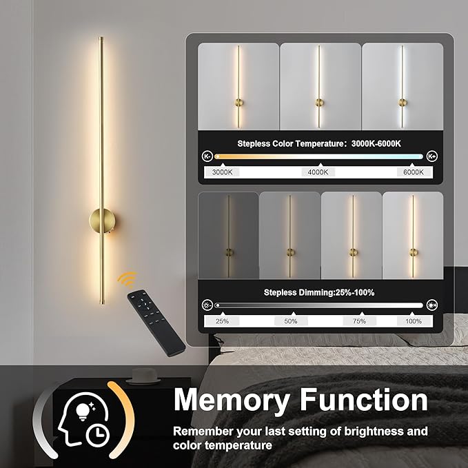Battery Operated Modern Wall Sconces Set of Two,Rechargeable Wireless Wall Lights with Remote Control,Dimmable,3CCT,Timer,360°Rotation,Cordless Lighting for Bedroom,Living Room,Hallway,Brass,39.3 Inch