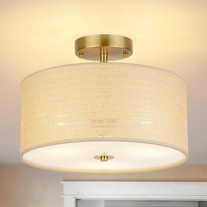 13" Boho Woven Rattan Ceiling Light Fixture, 3-Light Semi Flush Mount Modern Drum Lamp with Beige Fabric Shade, Rustic Lighting for Bedroom, Living Room, Dining Room, Hallway and Entryway