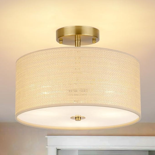 13" Boho Woven Rattan Ceiling Light Fixture, 3-Light Semi Flush Mount Modern Drum Lamp with Beige Fabric Shade, Rustic Lighting for Bedroom, Living Room, Dining Room, Hallway and Entryway