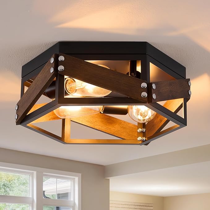 Farmhouse Flush Mount Ceiling Light, 3-Light Hallway Lights with Metal and Wood, Industrial Kitchen Light Fixtures Ceiling Mount, Rustic Black Chandelier for Bedroom Living Room Bathroom