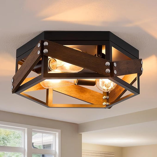 Farmhouse Flush Mount Ceiling Light, 3-Light Hallway Lights with Metal and Wood, Industrial Kitchen Light Fixtures Ceiling Mount, Rustic Black Chandelier for Bedroom Living Room Bathroom
