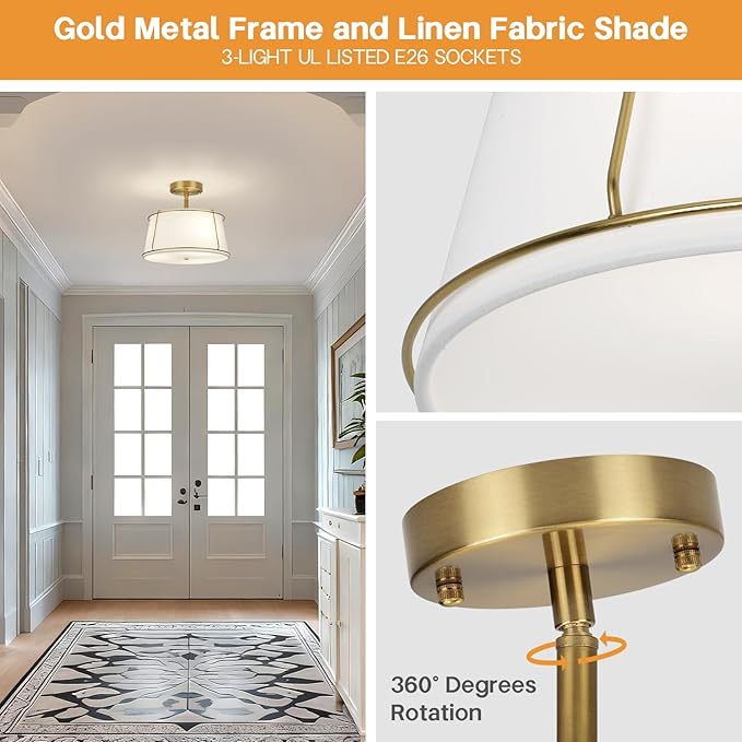 13'' Semi Flush Mount Ceiling Light Fixture, 3-Light Gold Light Fixtures Ceiling Mount with White Drum Fabric Shade,Modern Close to Ceiling Light for Bedroom Dining Room Kitchen Hallway (Adjustable)