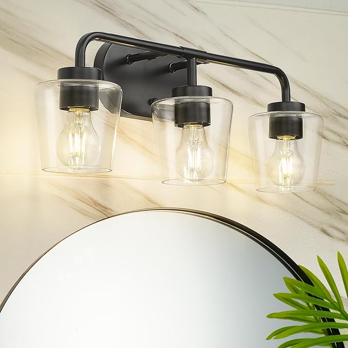 Bathroom Light Fixtures, 3-Light Matte Black Vanity Lights Over Mirror with Clear Glass, Modern Vanity Lighting Fixtures, AD-22004-3W-BK-C