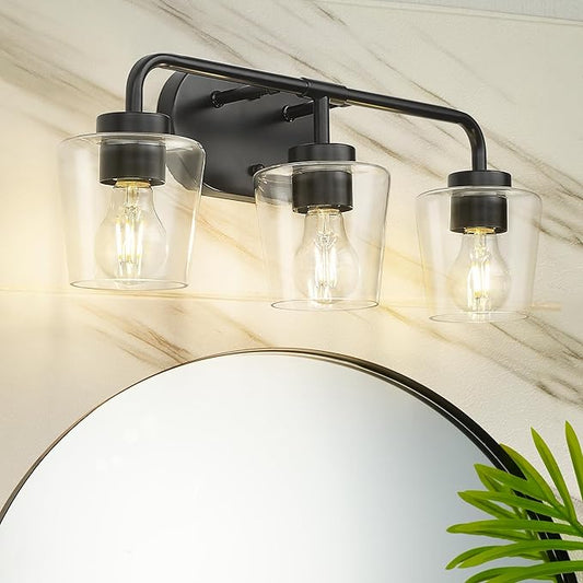Bathroom Light Fixtures, 3-Light Matte Black Vanity Lights Over Mirror with Clear Glass, Modern Vanity Lighting Fixtures, AD-22004-3W-BK-C