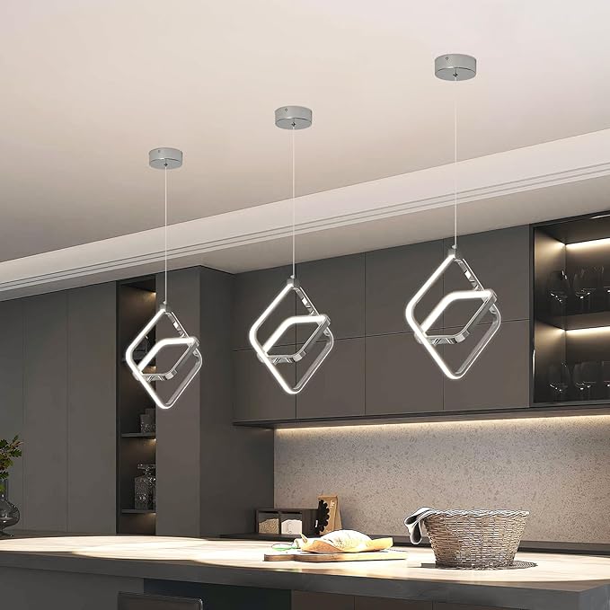 Modern LED Chandelier Chrome Rectangular Pendant Light Fixtures 4000K 20W Dimmable Height Adjustable Pendant Lighting for Dining Room Kitchen Island Bedroom Living Room Foyer（3-Pack）