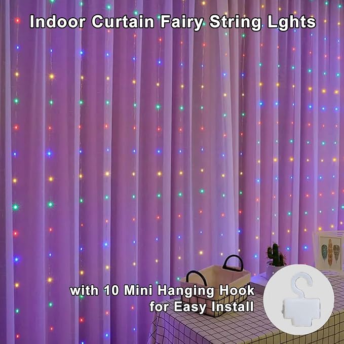 300 LED Curtain String Lights, Fairy Lights with 8 Light Modes, 9.8x9.8Ft Remote USB Plug Fairy String Lights for Christmas, Bedroom, Indoor, Outdoor, Weddings, Party, Camping Decor (Multicolored)