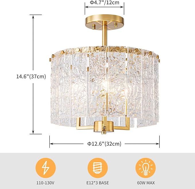 3-Light Modern Ceiling Light for Living Room, Bedroom, Foyer, Kitchen, Close to Ceiling Semi-Flushmount Light Fixture, D12.6 x H14.6, Handmade Glass Shade & Gold Finish Frame