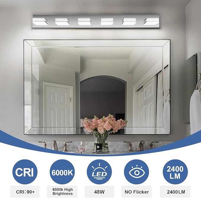 Modern LED Bathroom Lights Fixtures 6-Light,Stainless Steel Chrome Acrylic Wall Lighting,Vanity Lights for Bathroom Over Mirror 6000k 41in