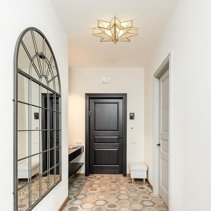 Brass Flush Mount Ceiling Light with Ceramic Light Socket, Star Shaped Ceiling Light Fixture, Mid Century Glass Ceiling Mount Lamp for Entryway, Hallway, Nursery (Rippled Glass, 15.7")