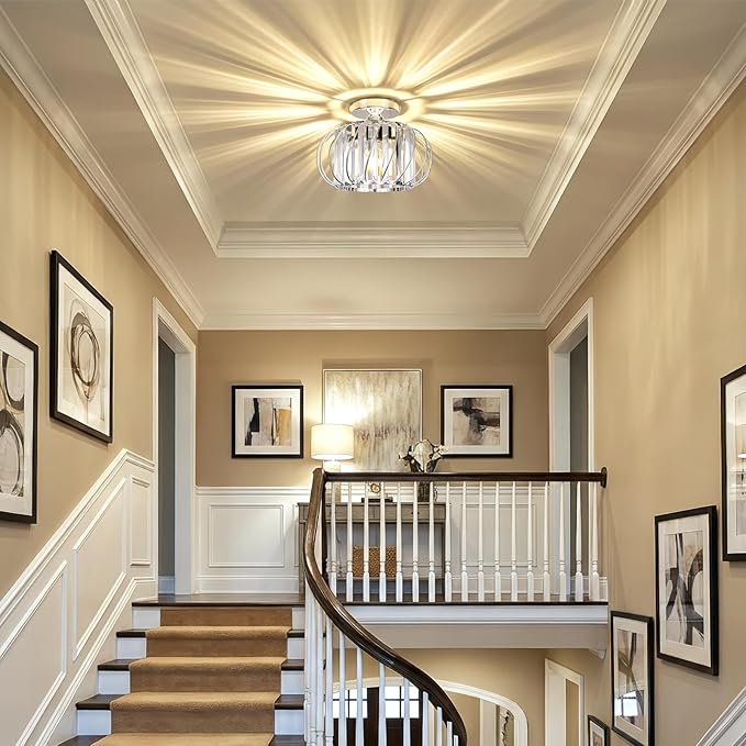 FRIDEKO HOME Crystal Ceiling Light Fixture - Small Crystal Chandelier Semi Flush Mount Ceiling Light Modern Hallway Lights fixtures for Entryway Bedroom Porch Kitchen (11 Inch, Bulb not Included)